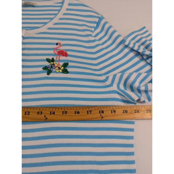 Talbots Blue White Striped Embroidered Pink Flamingo Cardigan Sweater Size XL - Picture 7 of 8